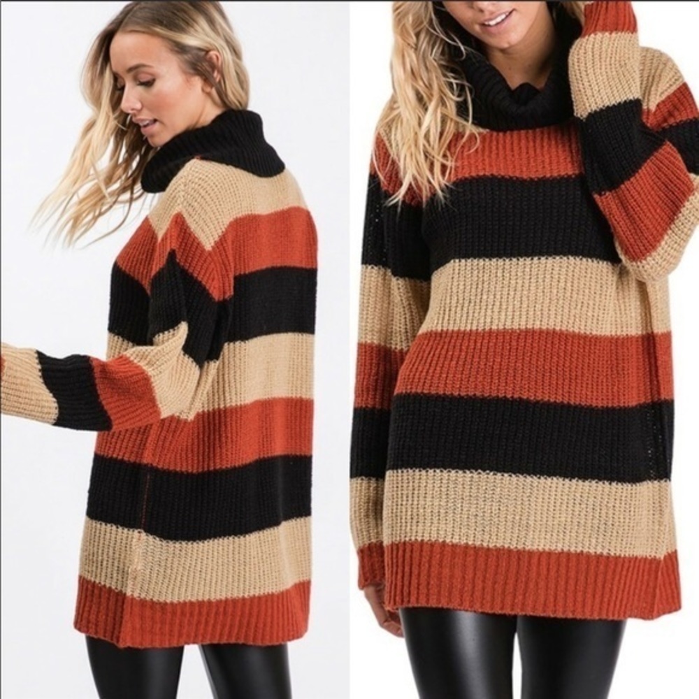 CY Fashion Cowl Neck Oversized Chunky Striped Sweater Size Medium